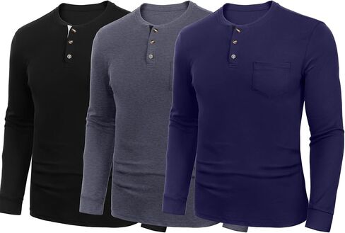 Riyiper 3 Pack Men's Long Sleeve Henley Shirts with Pocket Slim Fit Round Neck Casual Tops with Button Basic Tee in Kuwait