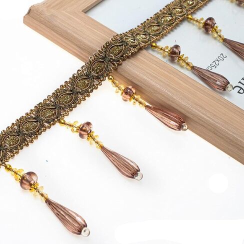 Yalulu 4 Yards Braid Hanging Beads Pendant Tassel Trim Hanging Ball Fringe Fabric Ribbon Trimming DIY Craft Sewing Accessory for Home Curtain Decoration (Deep Coffee) in Saudi Arabia