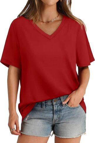 Aokosor Womens T Shirts V Neck Short Sleeve Casual Loose Tees Tops 2024 Trending Now in Kuwait