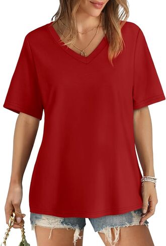Aokosor Womens T Shirts V Neck Short Sleeve Casual Loose Tees Tops 2024 Trending Now in Kuwait