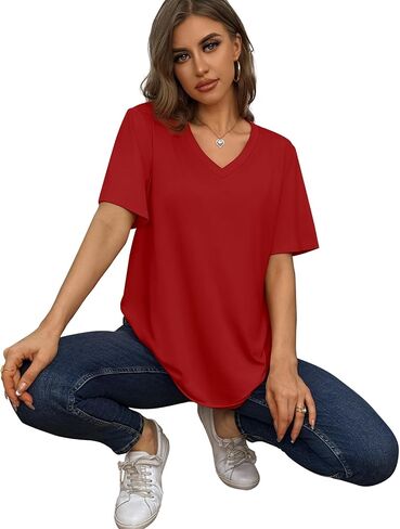Aokosor Womens T Shirts V Neck Short Sleeve Casual Loose Tees Tops 2024 Trending Now in Kuwait