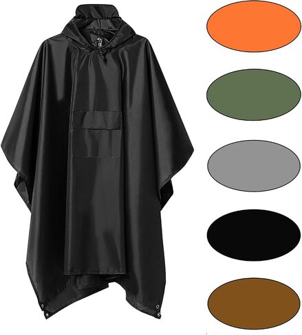 Hooded Rain Poncho with Pocket Waterproof Lightweight Unisex Raincoat Fishing Hiking-Black/Grey/Orange/Green/Brown in Saudi Arabia