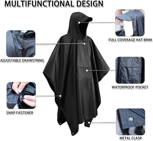 Hooded Rain Poncho with Pocket Waterproof Lightweight Unisex Raincoat Fishing Hiking-Black/Grey/Orange/Green/Brown in Saudi Arabia