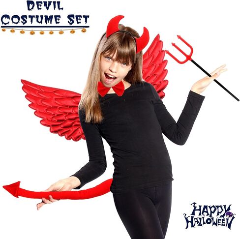 Halloween Devil Costume Set with Devil Horn Headband Darkness Angel Wings Demon Tail Bow Tie Devil Fork for Halloween Cosplay in Saudi Arabia