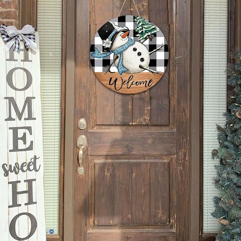 Christmas Door Sign, Snowman Door Decorations, 12 Inch Christmas Door Hanger Welcome Sign Wooden, Winter Wall Hanging Decor, Snowman January Wreath for Front Door, Winter Porch Decor in Saudi Arabia