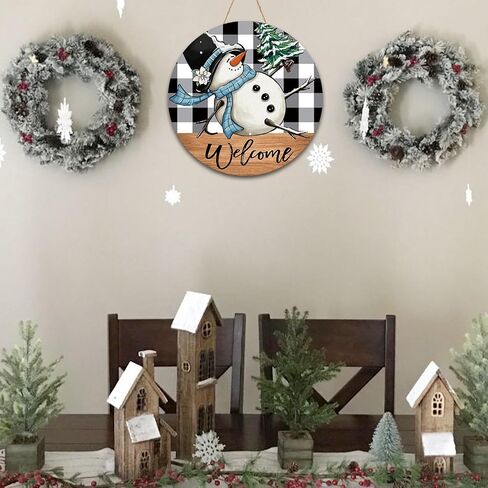 Christmas Door Sign, Snowman Door Decorations, 12 Inch Christmas Door Hanger Welcome Sign Wooden, Winter Wall Hanging Decor, Snowman January Wreath for Front Door, Winter Porch Decor in Saudi Arabia