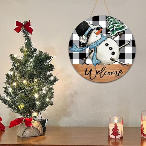 Christmas Door Sign, Snowman Door Decorations, 12 Inch Christmas Door Hanger Welcome Sign Wooden, Winter Wall Hanging Decor, Snowman January Wreath for Front Door, Winter Porch Decor in Saudi Arabia