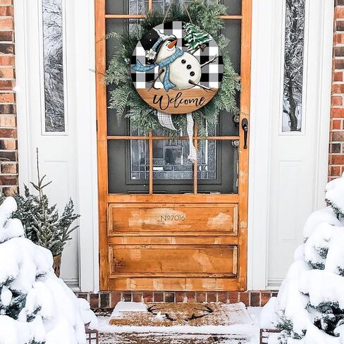 Christmas Door Sign, Snowman Door Decorations, 12 Inch Christmas Door Hanger Welcome Sign Wooden, Winter Wall Hanging Decor, Snowman January Wreath for Front Door, Winter Porch Decor in Saudi Arabia