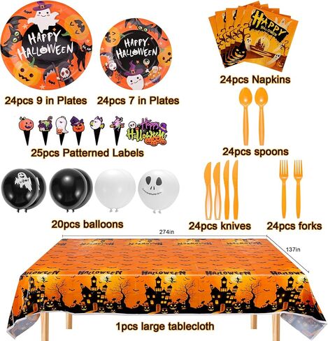 190 Pcs Halloween Dinner Plates and Napkins for 24 with Tablecloth Decoration Halloween Party Supplies in Saudi Arabia