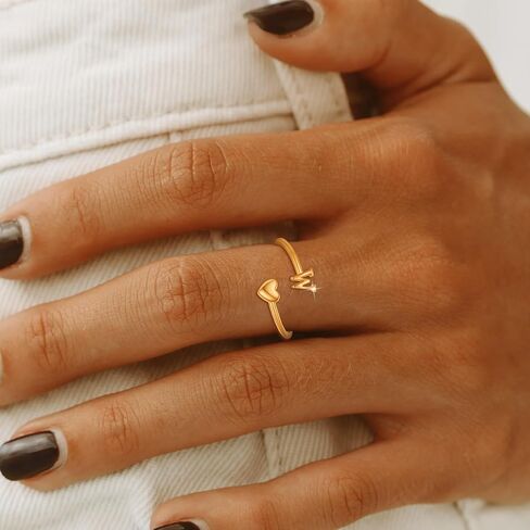 Initial Ring Chunky Gold Rings for Women Gold Filled Ring Rings for Women Non Tarnish Heart Initial Stackable Rings Adjustable Pinky Rings for Teen Letter Rings Jewerly Gift in Saudi Arabia