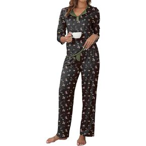 iChunhua Pajamas Set for Women Long Sleeve Henley Neck Comfy Pjs Color Block Lounge Sets