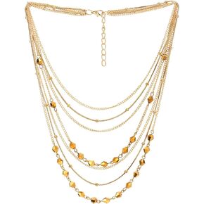 COOLSTEELANDBEYOND Gold Statement Collar Necklace Waterfall Multi-Strand Chains Gem Stone Ball Charm Pendant
