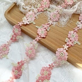 Pink Flower lace Trim, Embroidery Trim Ribbon for DIY Sewing or Crafts Decoration，0.9'' x 2yds (Style C)