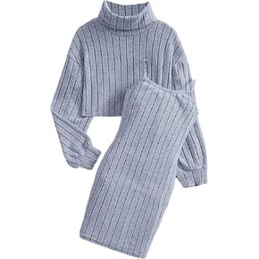 WDIRARA Girl's 2 Piece Outfits Rib Knit Sleeveless Bodycon Cami Dress and Turtleneck Tops Set
