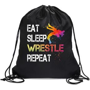 Eat Sleep Wrestle Repeat Drawstring Backpack For Men Women, Waterproof Sport Sackpack For Wrestle Lover Wrestle Fan, Funny Birthday Christmas String Gym Bag Gifts For Her Him