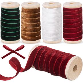Chuangdi 4 Roll 30 Yards Christmas Velvet Ribbon Set 3/8 Inch Vintage Wooden Spool Fabric Trim Velvet Ribbon for Christmas Gift Wrapping Bow Wreath Decoration DIY Crafts Ornaments(Christmas Color)