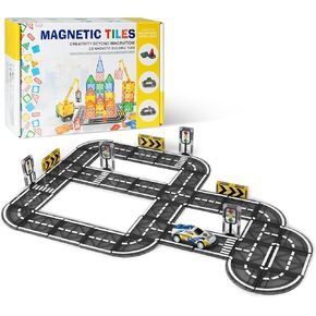 Magnetic Tiles Road for Kids - Magnet Tiles Road Set with Car, Magnatiles Race Track Building Blocks Montessori Toys for Ages 3-5 4-8, Educational Learning Racing Construction Birthday Gifts