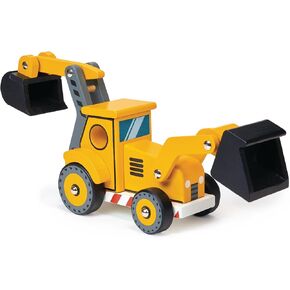 Mentari Toys - The Backhoe - Wooden Yellow Backhoe Loader with 2 Moving Arms and 2 Black Scoops - Imagination and Creativity Role Play - Age 3+