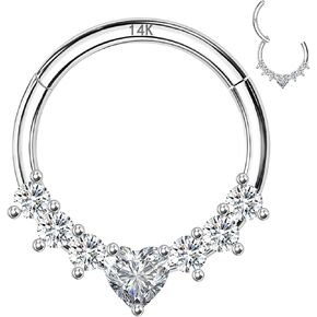 14K Solid Gold Septum Ring, Cartilage Earrings Hoop for Women, Heart CZ, 16G 8mm/10mm Nose Rings Hoop, Daith, Helix, Tragus Piercing Jewelry, Hypoallergenic