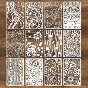 12Pcs Mixed Stencils for Painting, Art Stencils for Crafts Reusable, Wood Grains Flower Texture Templates Spider Web Layering Spray Paint Stencils Kit on Wall Canvas Cake Card DIY (11×7'')