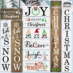 YEAJON 12PCS Christmas Stencils for Painting on Wood, Reusable Merry Christmas/Believe/Let it Snow Porch Sign Stencil, Gnome Holiday Letter Plastic Spraying Template Home Decor, DIY Art Crafts
