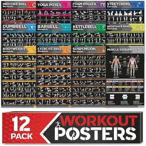 [21-PACK] Laminated Large Workout Poster Set - Perfect Workout Posters for Home Gym - Exercise Charts Incl. Dumbbell, Yoga Poses, Resistance Band, Kettlebell, Stretching & More Fitness Gym Posters