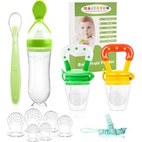Food Feeder Baby Fruit Feeder Pacifier (3 Pcs) with 6 Different Sized Silicone Pacifiers 2 PCS Silicone Baby Food Dispensing Spoon 90ML with 2 Baby Spoons Silicone Bottle Brush Pacifier Clip