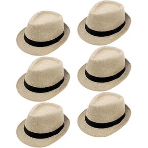 6 Pack Fedora Hats for Men,Classic Fedora Hat Straw Hat Trilby Hat Summer Hat,Womens Short Brim Panama Cap Curly,Khaki