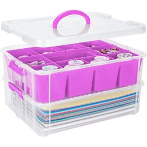 2 Layer Plastic Storage Containers with Removable Tray, Multipurpose Stack & Carry Box with Lid, Portable Craft Organizers and Storage Bin for Organizing Art & Craft Supplies, Crayon(Purple)