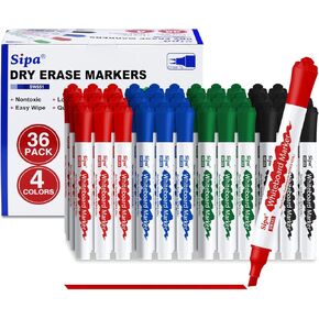 Sipa 36 Bulk Dry Erase Markers, Chisel Tip White Board Markers 4 Assorted Colors, Low Odor Flip Chart Markers, Whiteboard Ideal for Classroom, Office, Teachers and Students, Essential School Supplies