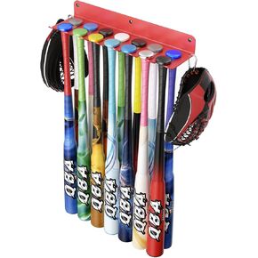 QBA Wall Mount Baseball Bat Holder, 8 Prongs Heavy Duty Steel Bat Rack Holds 14 Bats, Baseball Softball Bats Organizer on Dugout Fence Home Garage, 14 Bats Rack