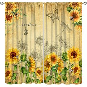 Sunflower Curtains for Kitchen,Vintage Rustic Country Plaid Green Naturally Wood Paneling Summer Sunshine Bees Flowers Butterflies Window Drapes Print for Girls Bedroom Living Room 42x45in