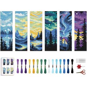 ACRNIGHEET 6PCS Cross Stitch Bookmark Kit DIY Bookmarks Cross Stitch Kit for Adult Beginners Cross-Stitch Stamped Kits with Landscape Patterns 8.7x3.1inch Stamped Embroidery Bookmark with Instructions