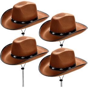 4 Pcs Classic Brown Cowboy Hat,Retro Western Hat Felt Cowgirl Hat with Chin Strap,Wide Brim Cowboy Hat for Men & Women