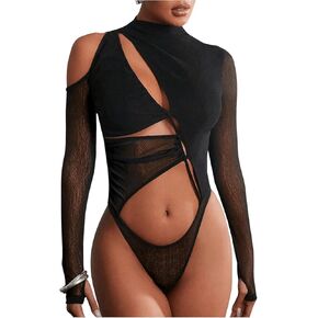MakeMeChic Women's Mesh Long Sleeve Cut Out Bodysuit Mock Neck Sheer Mesh Bodysuit Club Leotard Top