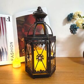 Hexagon Candle Lantern Vintage Hanging Candle Holder Decorative Candlestick for Pillar Candle Front Porch Shelf Patio Wedding Party (Green)