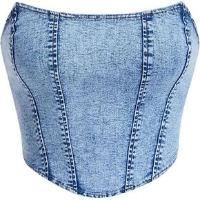 Milumia Women's Hanky Hem Denim Tube Top Strapless Zip Back Corset Bandeau Tops