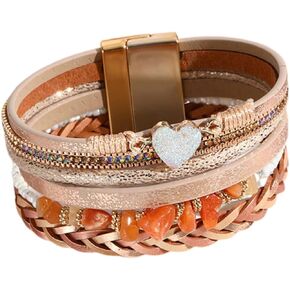 KunBead Sparkly Heart Leather Wrap Bracelets for Women Handmade Braided Boho Multilayer Bracelet Wristband Cuff Bangle Boho Bohemian