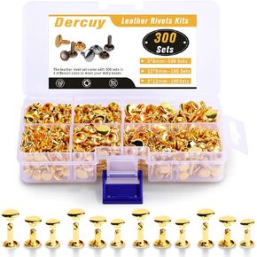 Dercuy 300 Sets Leather Rivets,3 Sizes Tubular Metal Rivets,Double Round Cap Leather Rivets for Leather Crafting(Sliver)