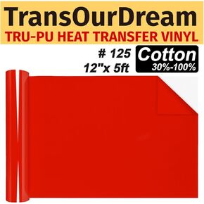 TransOurDream Tru-PU Heat Transfer Vinyl Rolls, Red 12'' x 5ft HTV Vinyl for Explore AIR 2, Maker, Cameo, Matte Red Iron on Vinyl for T-Shirts, Thinner, Soft, Sticky, Unprintable