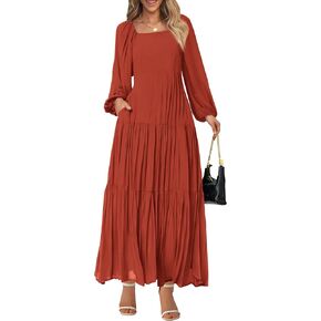 BTFBM Women Square Neck Puff Long Sleeve Dress Smocked Tiered Flowy Casual Fall Wedding Guest Maxi Dresses with Pockets