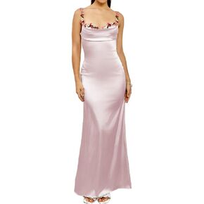 Colysmo Women's Satin Spaghetti Strap Slip Bodycon Maxi Dress Sleeveless Wedding Guest Elegant Evening Party Dresses