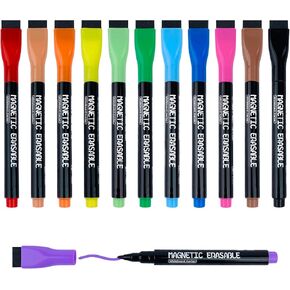 HANWER 12 Colors Magnetic Dry Erase Markers Fine Tip, Whiteboard Markers, Thin Low Odor Dry Erase Markers with Eraser for Kids Teachers, Perfect Office School Home Supplies