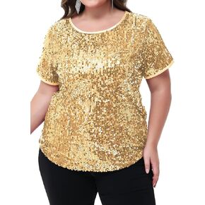 Anna-Kaci Women's Sequin Tops Plus Size Round Neck Sparkle Glitter Short Sleeve Party Tunic Blouse