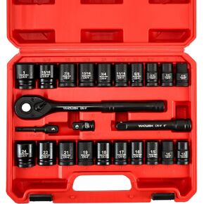 VANQUISH 1/2" Drive Impact Socket Set, 24-Piece Shallow Standard SAE (7/16"-1") & Metric (13-24mm) Size, 72 Teeth Ratchet Handle, 5" Extension Bar 8994