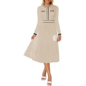 ZESICA Women's 2024 Fall Pleated Sweater Dress Long Sleeve Crewneck Ribbed Knitted Midi Dresses