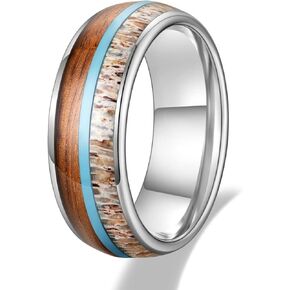 TRUMIUM 8mm Mens Wedding Band Real Deer Antler Koa Wood & Turquoise Inlay Tungsten Carbide Rings Engagement Band Beveled Edges Comfort Fit Size 6-13