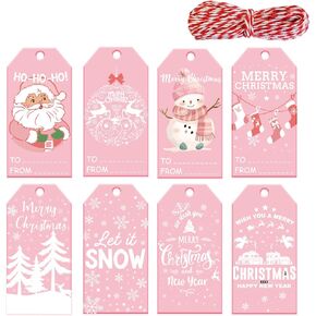 Doumeny 120PCS Pink Christmas Paper Tags Winter Snowman Gift Tags Santa Claus Present Tags Xmas Tree Snowflake Hanging Label with String Let It Snow Label Tags for DIY Art Crafts Holiday Gift Wrapping
