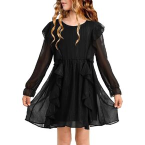 فستان BesserBay للفتيات بأكمام طويلة منتفخة وأكمام مكشكشة وخصر مطاطي لامع متوسط ​​الطول من 4 إلى 12 سنة in Kuwait