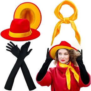 Mystery Agent Costume Accessories for Women with Red Trendy Top Hats Yellow Chiffon Scarf Gloves for Halloween Party